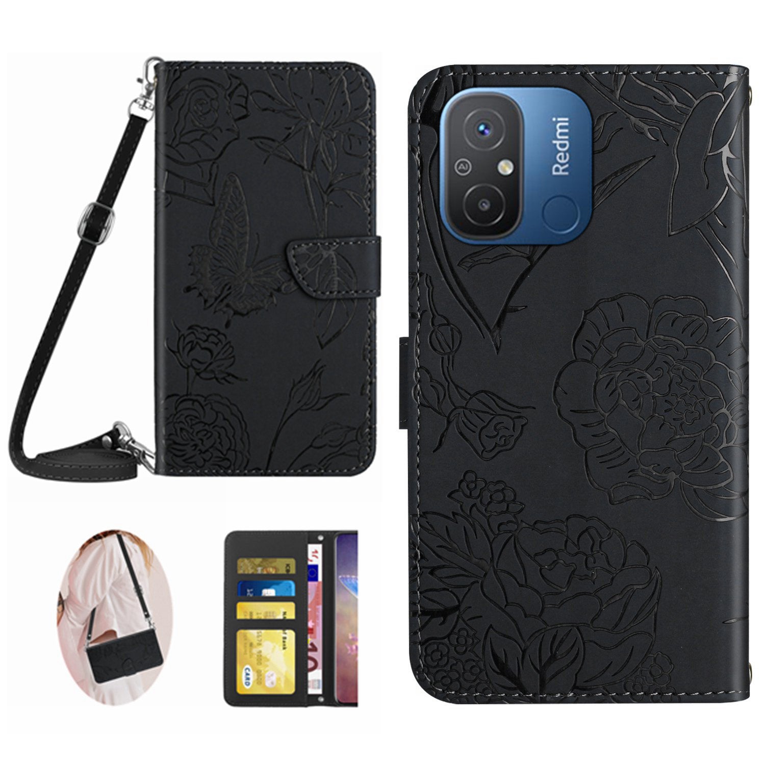 HT03 For Xiaomi Redmi 11A 4G 12C 4G Butterfly Flowers Imprinted Phone Stand Case PU Leather Wallet Cover with Shoulder Strap HT03 For Xiaomi Redmi 11A 4G 12C 4G Butterfly Flowers Imprinted Phone Stand Case PU Leather Wallet Cover with Shoulder Strap